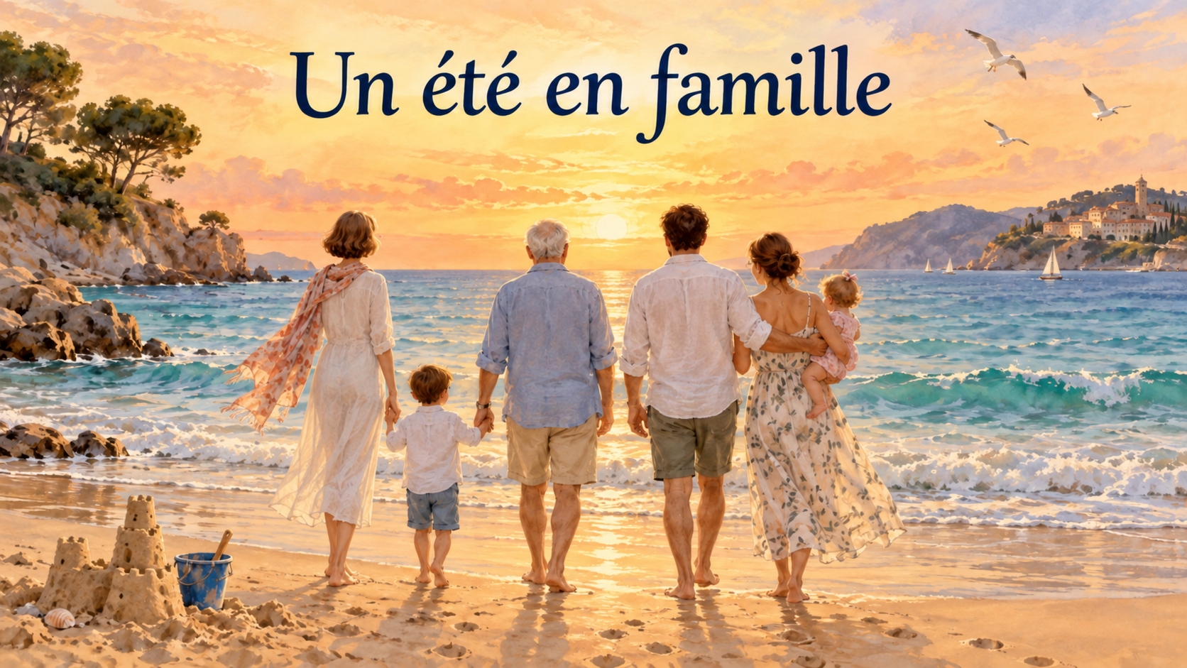 Une famille sur la plage au soleil couchant