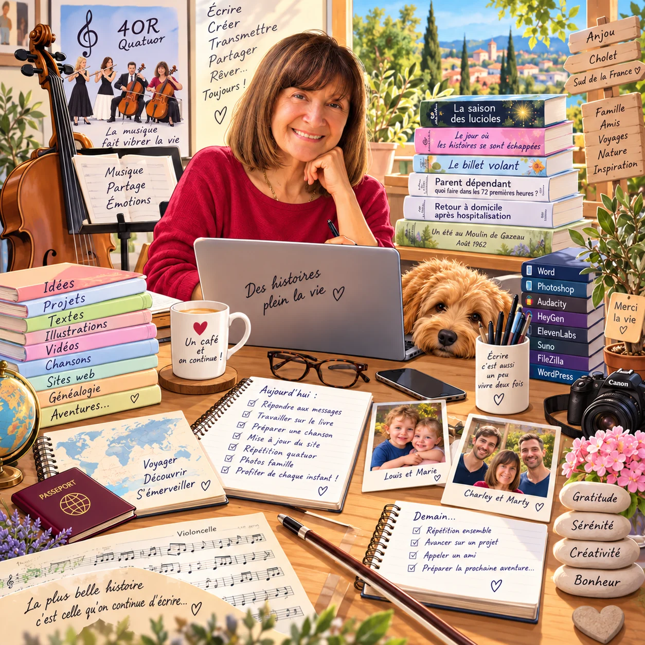 Caricature de Marie à son ordinateur, entourée de livres, d’un violoncelle, de carnets et d’une tasse portant l’inscription Un café et on continue !