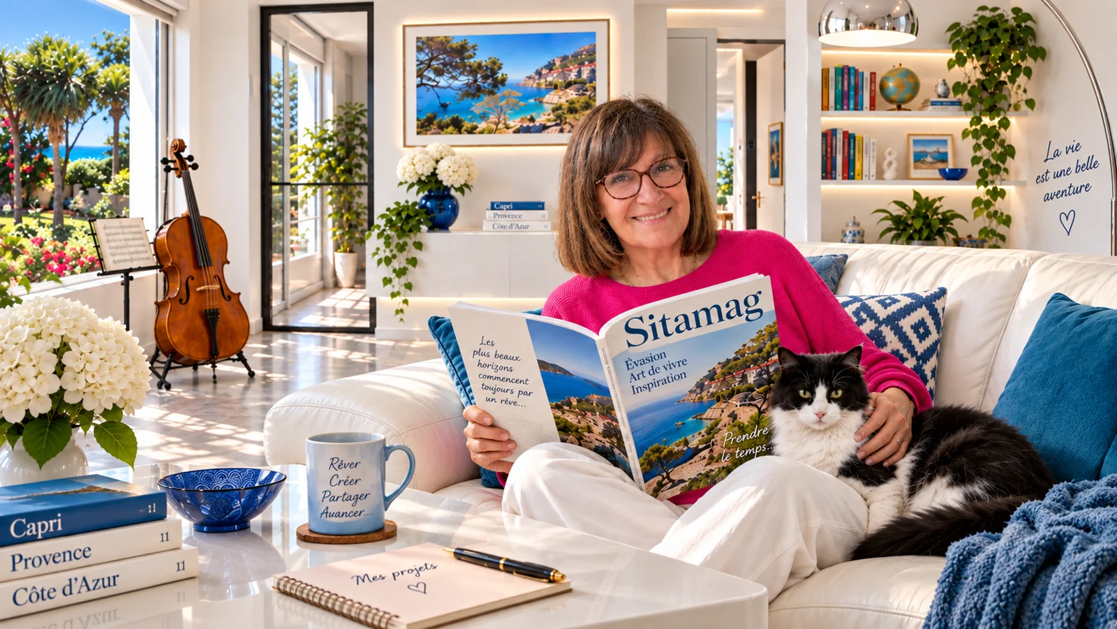 Portrait illustré de Marie dans un salon lumineux, avec sa minette, un magazine Sitamag, des livres de voyage et un violoncelle.